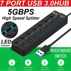 Fast 5gbps Multi Hub USB, 7 puertos, 3,0 LED, Cable de extensión externo, negro