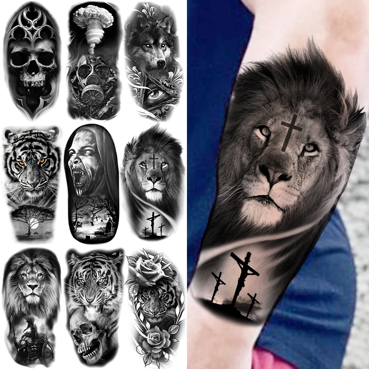 Tatouage Bateau Pirate Avant Bras Faux tatouages temporaires de la croix du Lion noir, autocollant pour l'avant  bras, grand, réaliste, bateau de Pirate, boussole, fleur de Rose |  AliExpress