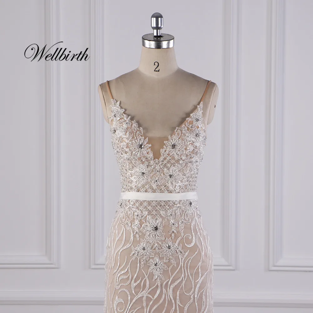 Реальное изображение Wellbirth Vestido de novia роскошное свадебное платье с v-образным вырезом и рукавами-крылышками JC022