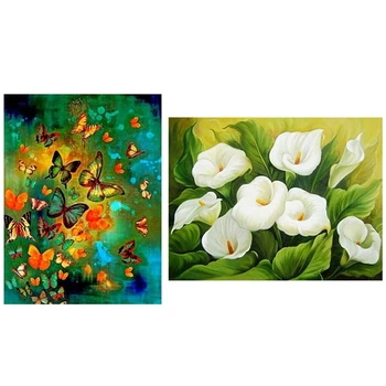 

2 Set Diamond Painting DIY 5D Rhinestone Cross-Stitch Living Room Decor, White Calla Lily & Multicolor Butterfly