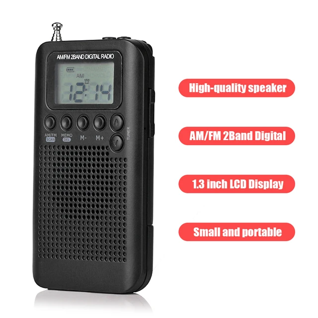 Radio portátil AM/FM con altavoz, mini radio de bolsillo con transistor con  pantalla LCD, radio digital estéreo, radio Walkman con batería recargable