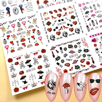 

12 Designs Romantic Valentines Water Decals Sliders Sexy Lips Flower Heart Tattoo Wraps Nail Art Decorations MYBN1069