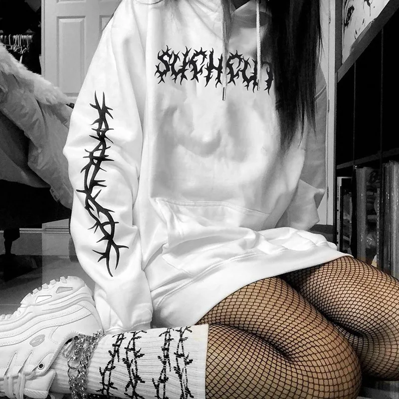 

2019 Autumn Winters Hot Printing New Thorns Loose Thin Female Hooded Fleece Jacket