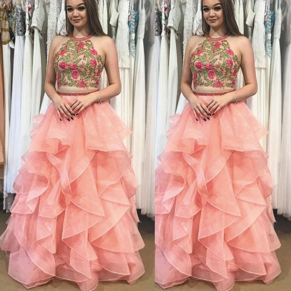 Vestido De Gala 2 piezas, largo, Coral bordado, apliques, cuentas, escalonadas, para baile De graduación|Vestidos de graduación| - AliExpress