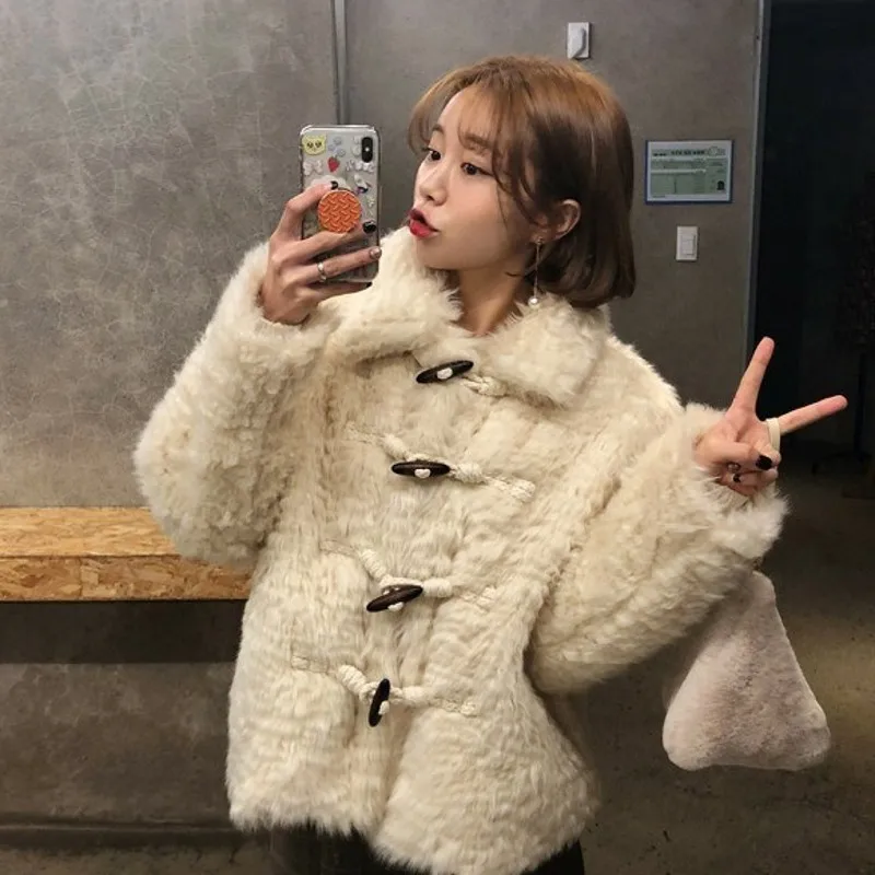 beige Kawaii/женское зимнее пальто с искусственным мехом плотное теплое Стеганое пальто для девочек, шерстяное повседневное пальто из искусственной овечьей шерсти, верхняя одежда - Цвет: beige