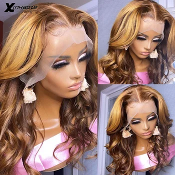 

Ombre Highlight Wig Human Hair 13x6x1 Brown Blonde Lace Front Wig Dark Brown Roots 180 Pre Plucked Brazilian Remy T Part Wigs