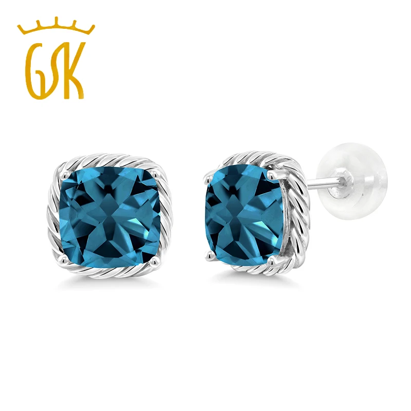 GemStoneKing 3.7Ct 10 к белое золото Лондон Голубой топаз серьги гвоздики для женщин Подушка с изображением драгоценного камня огранки 7 мм обручальные ювелирные изделия