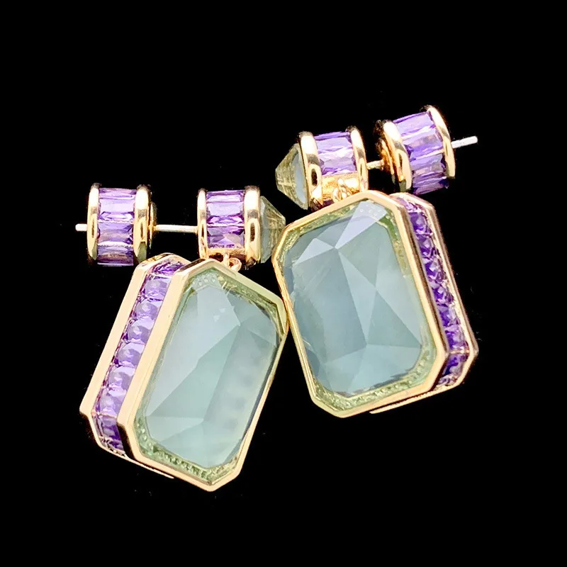 

New Luxury Peridot Green Jade Earrings With Micro-inlaid Purple Diamond Square Charm Vintage Earrings For Women Party Jewelry