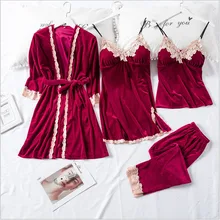 Комплекты с платьем осенне-зимний халат из четырех частей, женские золотые бархатные сексуальные колготки, Комплект женский домашний костюм, одежда для сна