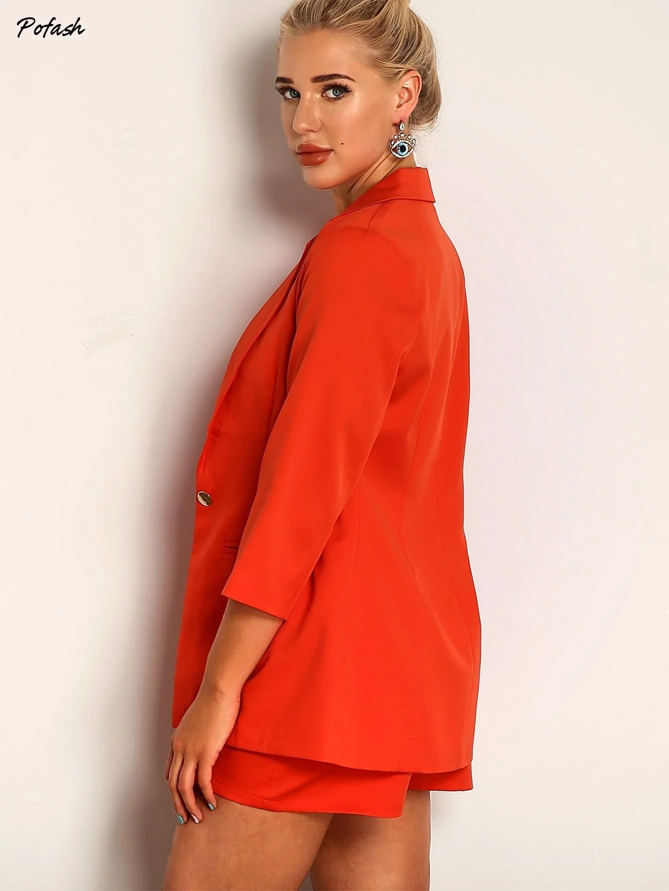 Joyfunear Neon Orange Single Button Blazer & Ring Detail Short Set Joyfunear Neon Orange Single Button Blazer & Ring Detail Short Set