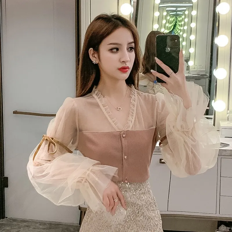 

NoEnName_Null 2020 Spring New Korean Fungus Net Mesh Stitching Lantern Sleeve Long Shirt Blouse Blusas Mujer De Moda 2018 50A