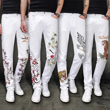 

Men's White Long Trousers Chinese Style Slim Animal Embroidery Flowers Pants Pencil Pants Plus Size E38