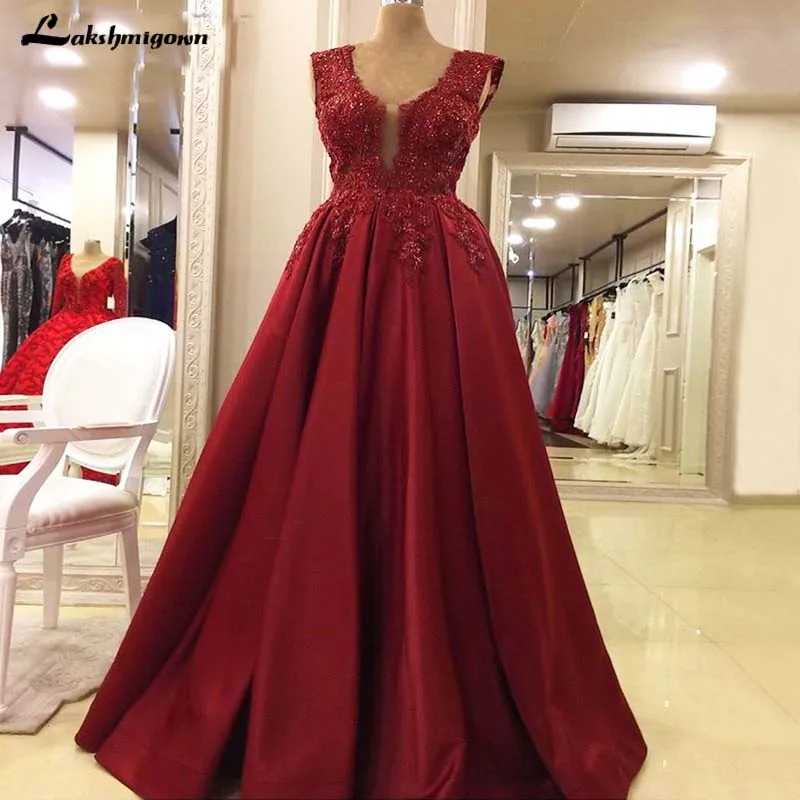 picture color Real Photos Exquisite Burgundy Long Prom Dresses Beaded Lace V Neck A Line Luxury Prom Gowns New Robe De Soiree Evening Dresses - Color: picture color