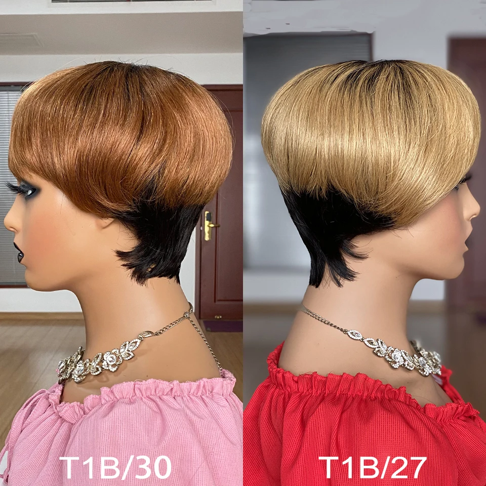 Perucas de Cabelo Humano para Preto Remy em Linha Peruca com Franja Pixie Curto Corte Peruca Reta Feminino Brasileiro Bob Completa Mahine Feito 5 Apliques com cabelo humano