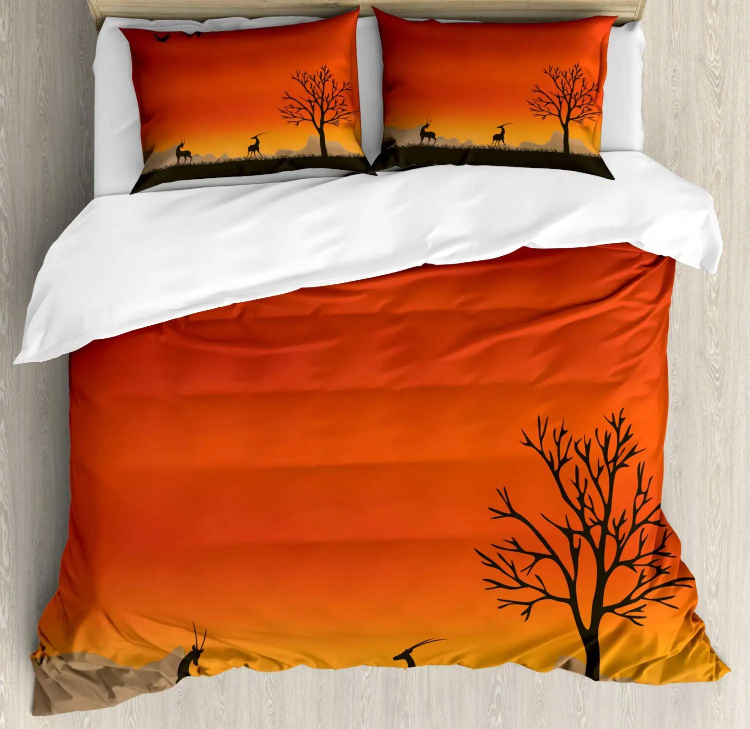 Antelope Duvet Cover Set Nature Landscape with Silhouette of Tree and Animals Decorative 3 Piece Bedding 2 Pillow Shams | Дом и сад