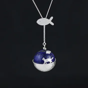 

Origional Cat Ideal Romantic Cute Literature And Art Creative Lapis Lazuli Fine Silver Cat Pendant Fantasy Necklace