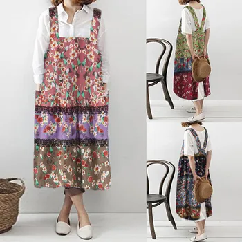 

Fashion Women Vintage Sleeveless Plus Size Bohemian Floral Print Maxi Dress Cooking Painting Flower Shop Working Bib Apron F1