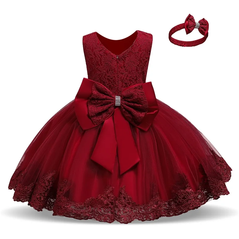 Детское платье для девочек, кружевное платье на крестины с бантом, Одежда для новорожденных девочек 1 год, праздничная одежда для младенцев - Цвет: Red