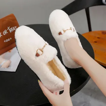 

Designer Women Lovely Belt Faux Fur Shoes Brand Winter Fashion Female Soft Thick Heels Flats Girls Casual Outdoor Warm Loafers