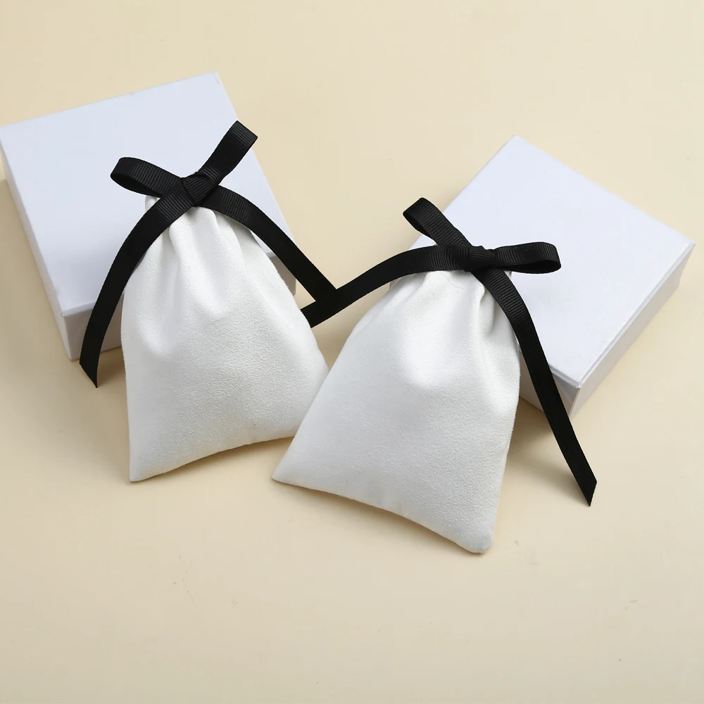 50pcs White Jewelry Packaging with Black Ribbon Velvet Drawstring Bag for  Makeup Wedding party Pouches Small Flannel Gift Bags