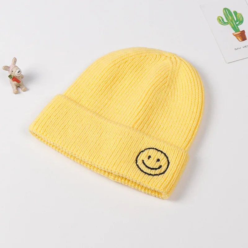 yellow hat Осенне-зимний хлопковый Детский набор из шапки и шарфа, вязаные детские шапки со смайликом, шапка для маленьких девочек, шарф для маленьких мальчиков, детская шапочка с воротником - Цвет: yellow hat