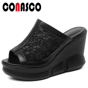 

CONASCO Summer Fashion Sexy Concise Women Sandals Pumps Slippers Genuine Leather Lace Wedges Heels Platforms Casual Shoes Woman