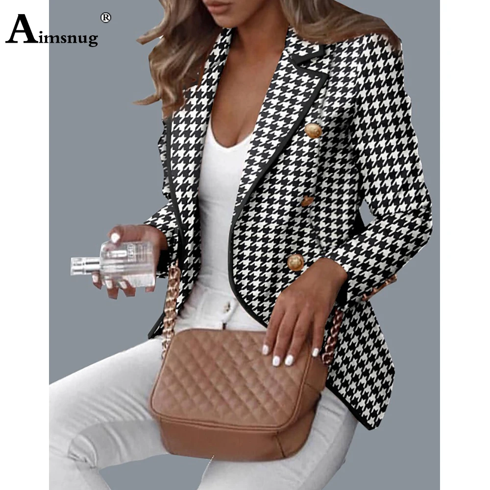 Women Casual Blazers Lapel Collar Jackets Spring Fashion Houndstooth Top Outerwear Ladies Skinny Coats Sexy Female Clothing 2022