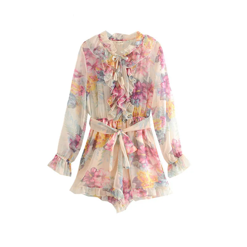 

Bodysuit Long Sleeve Women Jumpsuit Floral Print Chiffon Playsuits Ruffles Loose Jumpsuit Overalls with Belt Female Elegant