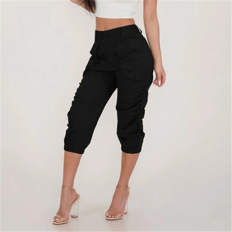 Sexy Women Calf Length Pants Solid Color Pocket Casual Elastic Pants Casual Cropped Women Trousers Streetwear Plus Size Trousers