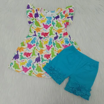 

Hotsale pearl tunic icing ruffle shorts baby girls boutique outfits clothing sets summer dinosaur print kids children clothes