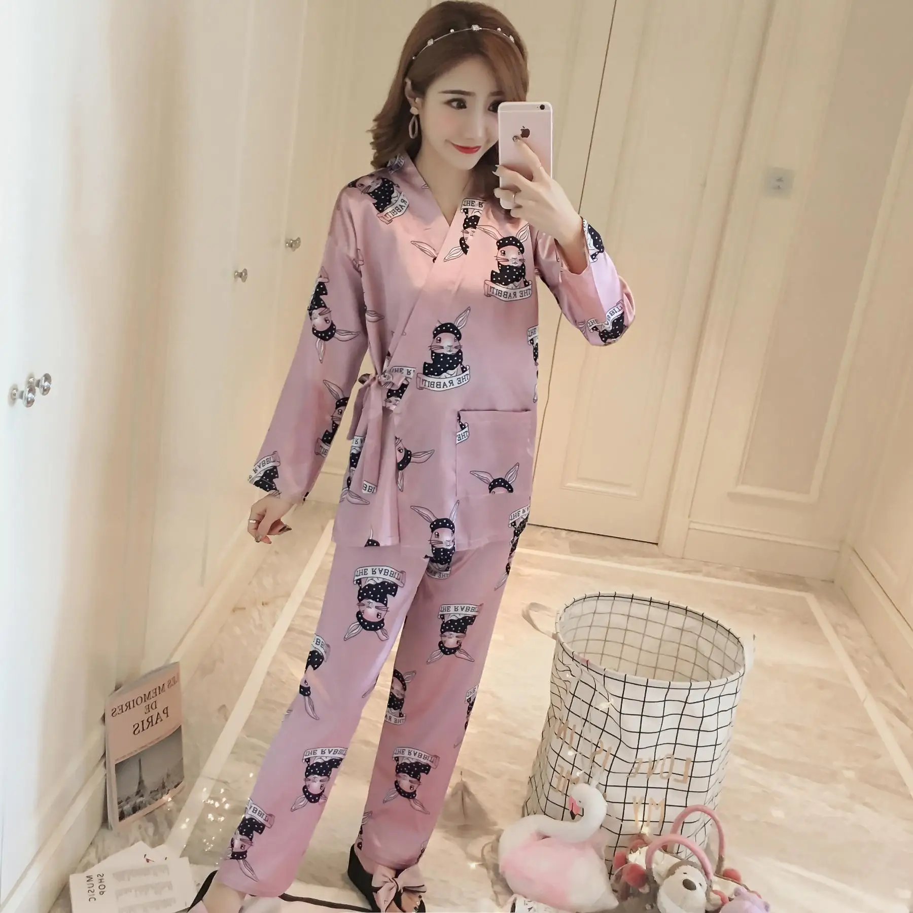 

Girl'S Pajamas Autumn Cute Cartoon wei jin tu Set Japanese-style Thin Long Sleeve Imitated Silk Fabric Loose-Fit Home Wear