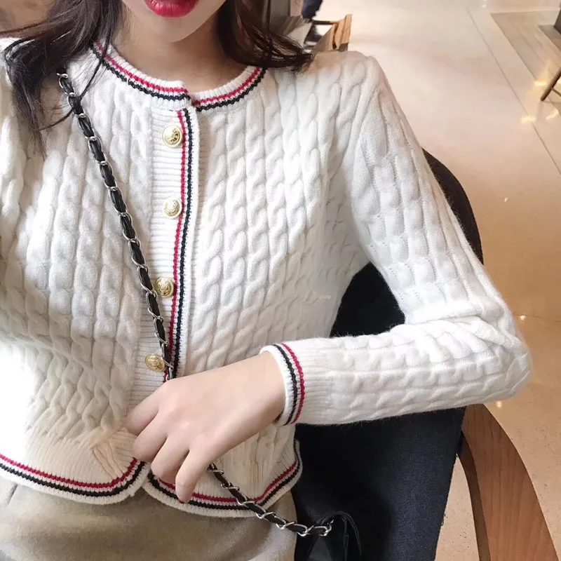 

2019 women's sweater spring and autumn short knit single-breasted slim slimming solid color long-sleeved twist cardigan