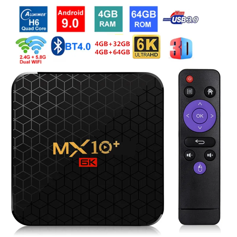 Caixa de tv allwinner h6 caixa mx10 plus android 9 0 четырехъядерный 4 Гб 32 ГБ 64 bt4.0 usb3.0 duplo Wi-Fi поддержка 6k