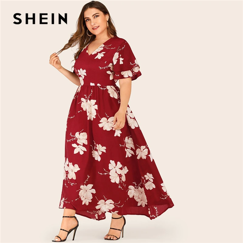 SHEIN Плюс Размер большое Цветочное платье с многослойным рукавом Макси женское летнее осеннее платье с v-образным вырезом с высокой талией и расклешенными повседневными платьями