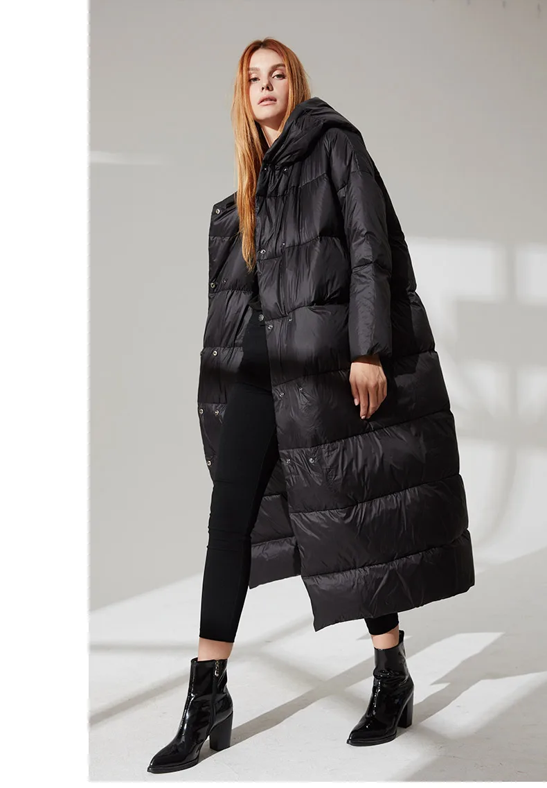 Зимнее длинное пальто выше колена с капюшоном на белом утином пуху, женское модное двубортное плотное теплое пальто большого размера F340