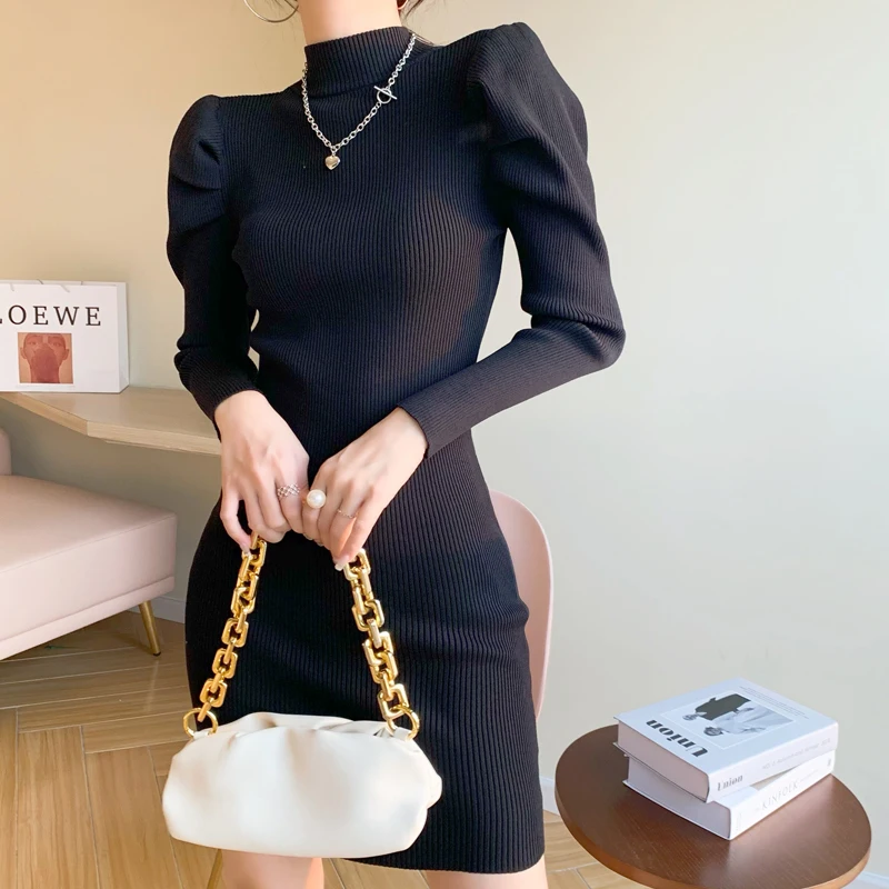 Women Knitting Full Puff Sleeve Base Sweaters Dresses Girls Slim Turtleneck Mini Sheath Knitwear Dress Real Photos dresses to wear to a wedding