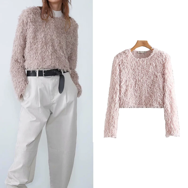 

Elegant women short sweatshirts tassel patchwork long sleeve O neck casual women pullover jumpers chic female hoodies tops