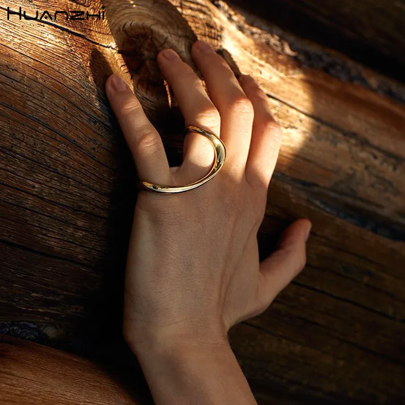 

HUANZHI 2020 New Gold Color Metal Rings Geometric Line Minimalist Multi Finger Rings for Women Girls Party Jewelry Punk