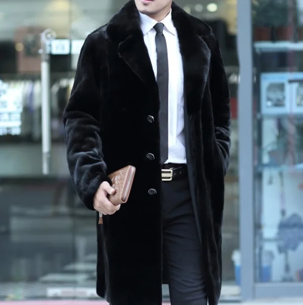 Furry Thicken Mink Fur Overcoat Mens Winter Furry Outerwear Turn-down Collar Long Style Faux Fur Coat Jackets XL726