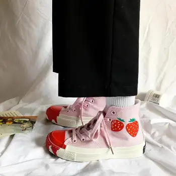 

2020 Spring New Graffiti Strawberry Pattern Cute Girly Heart Korean Fashion High-top Breathable Pink Canvas Womens Flat Shoes