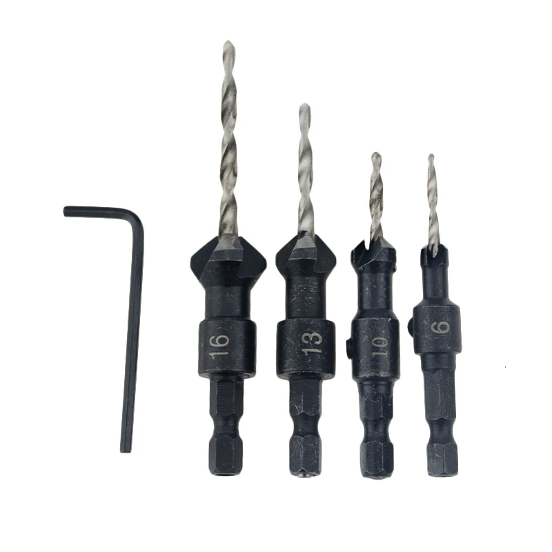 

4pcs 3/3.5/4/4.5mm Hex Quick Change Shank Countersink Tapered Drill Bits Cone Reaming Drill Bit Set Wood Woodworking Tools