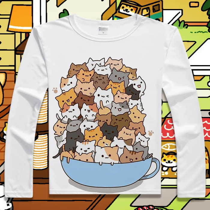 Новая Милая футболка Neko Atsume с длинным рукавом для костюмированной вечеринки, хлопковые топы для косплея в стиле аниме, футболки для мужчин и женщин, летняя футболка