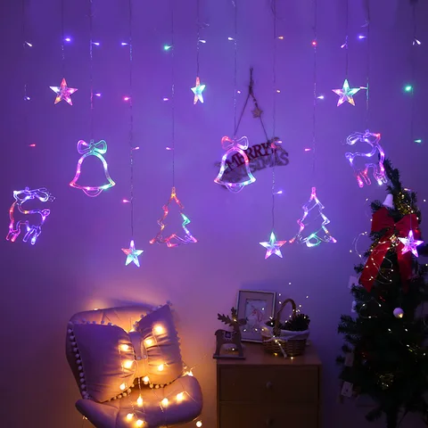 Tree Deer Bells String Lights Decoration Garland Curtain Fairy Lights Christmas for Home Wedding Party New Year Decor