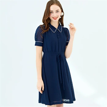 

LA CISNE New style chiffon drape waist with single-breasted buckle waist design is thin and retro style women's dress