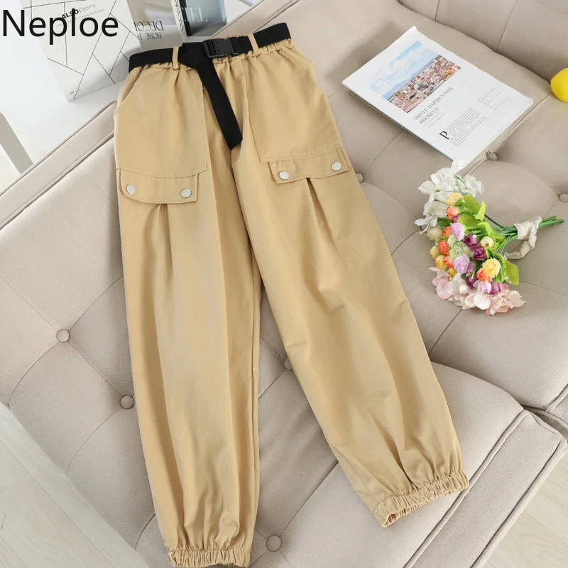 Neploe, женские штаны Карго, весна, повседневные, с карманами, с поясом, тянущаяся Талия, широкие брюки, свободные, высокая талия, луч ноги, брюки, 80453