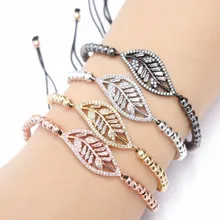 Золотой, серебряный, микро браслет из фианита, фианит, кубический цирконий, веревочка, отрегулированный макраме, rb43, медные бусы, очаровательные плетеные браслеты в виде листьев