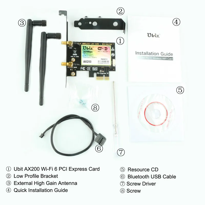 Bluetooth 5,0 | 2,4 Гбит/с Pcie Wifi карта Ubit Gigabit Двухдиапазонная сетевая карта Wifi 6 AX200 беспроводной адаптер для ПК рабочего стола Windows