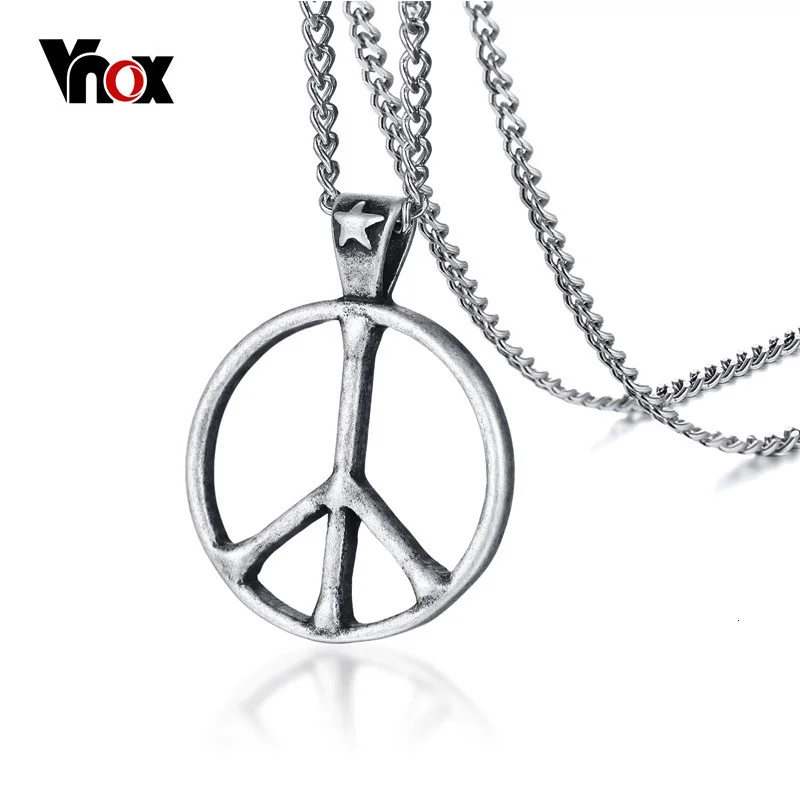 

Vnox Vintage Peace Symbol Pendant Necklace for Men Retro Silver Color Stainless Steel Male Necklace Free Chain 24