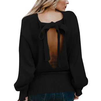

2019 New Sexy Backless V-neck Sweater Women Pullover Autumn Winter Casual Knitted Sweater Femme Pullover Oversized Jumpers