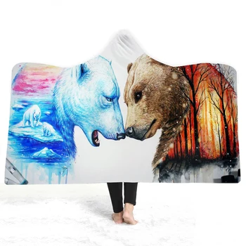 

3D two bears Hooded Blanket Sherpa Fleece Wearable plush Throw Blanket on Bed Sofa Thick warm B153
